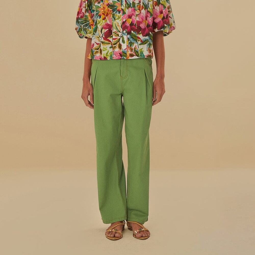 Farm Rio Green Pleat Straight Leg Pants 28